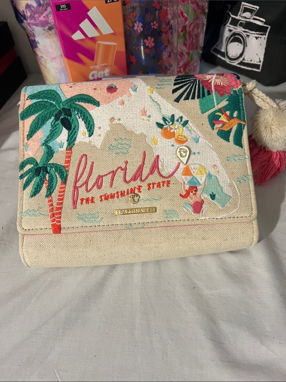 Spartina 449 Cream Canvas Florida Clutch with Coral & Teal Embroidery